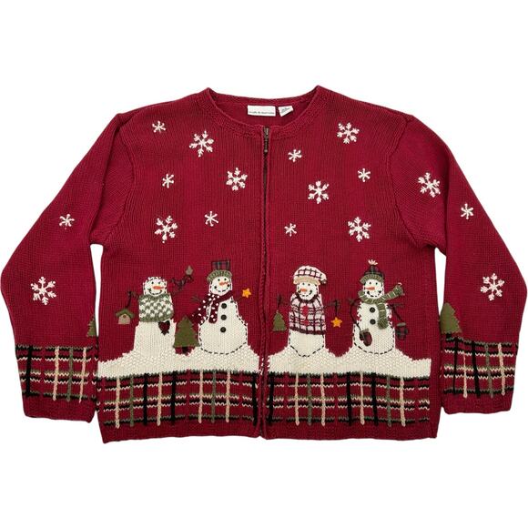 VTG y2k women's red Croft & Barrow Ugly Knit Full Zip Cardigan Christmas Sweater - Picture 1 of 6